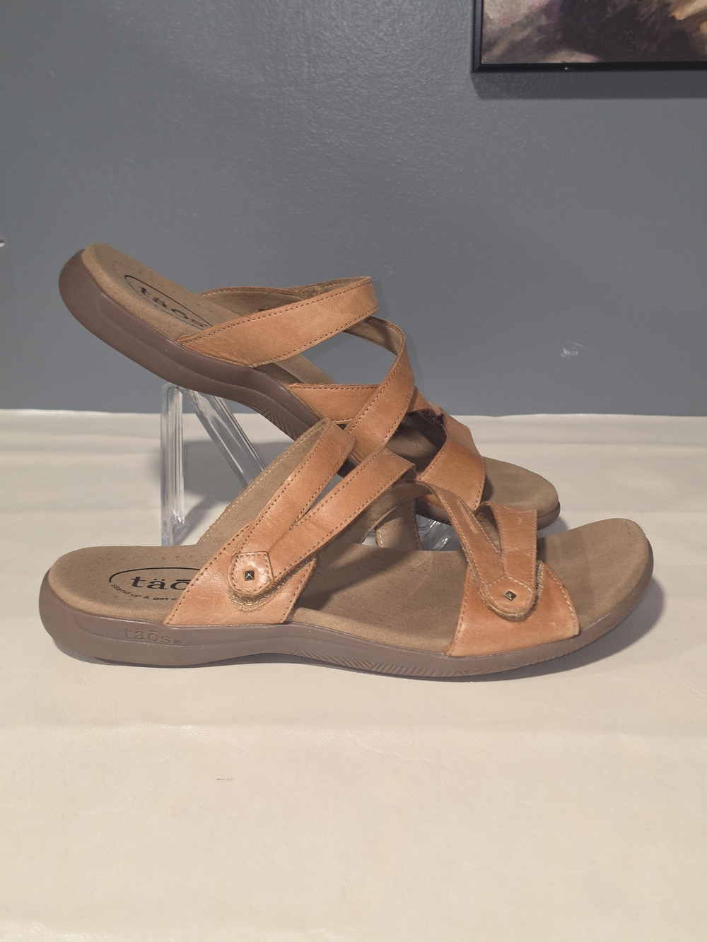 Taos Double U Caramel Brown Leather Strappy Comfort Slide Sandals Size 10